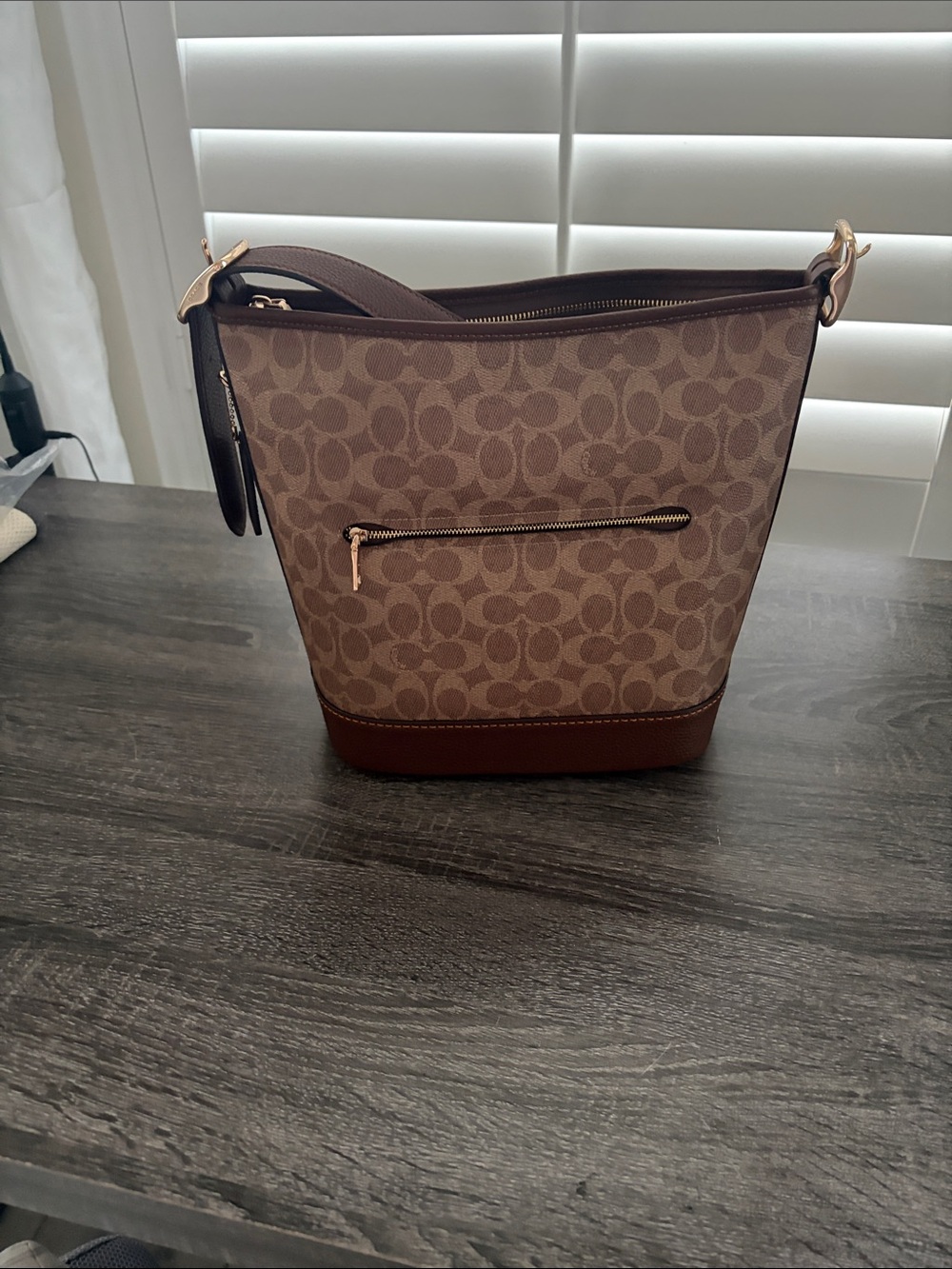 Coach Brown Signature Canvas Bucket Shoulder Bag with Dark Brown Trim